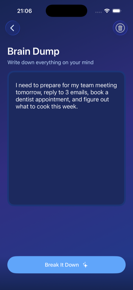 Brain Dump screen — writing down tasks and thoughts