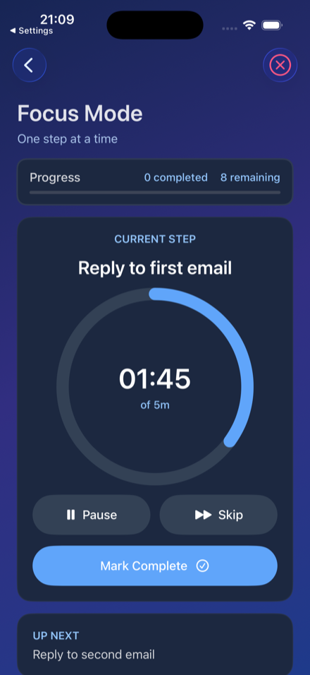 Focus Mode screen — working through one task at a time with a countdown timer